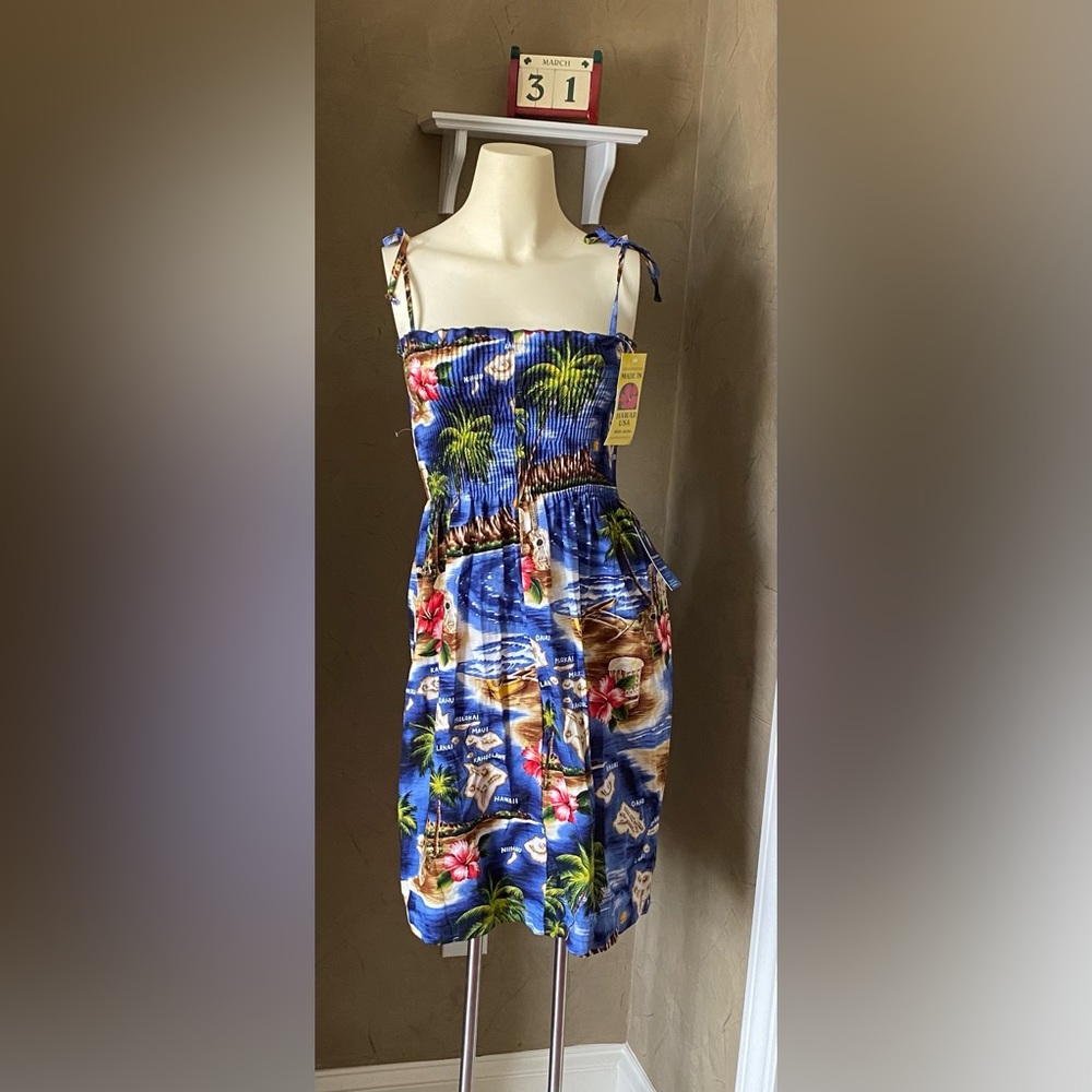 RJC Women's Tropical Island Escape Hawaiian Hibiscus Blue Smocked Sundress XS
